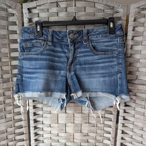 American Eagle Super Stretch Shortie Jean Shorts Raw Hem Denim Cut Offs Sz 8